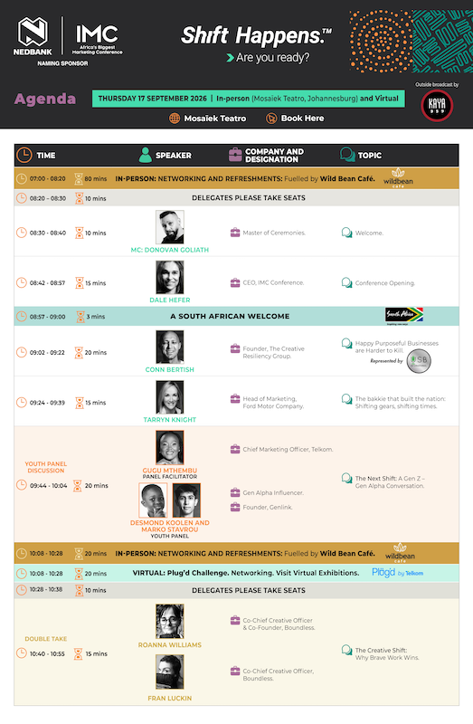 Nedbank IMC Agenda Features Global Keynotes, African CMOs And Creative Leaders Nedbank IMC Agenda Features Global Keynotes, African CMOs And Creative Leaders